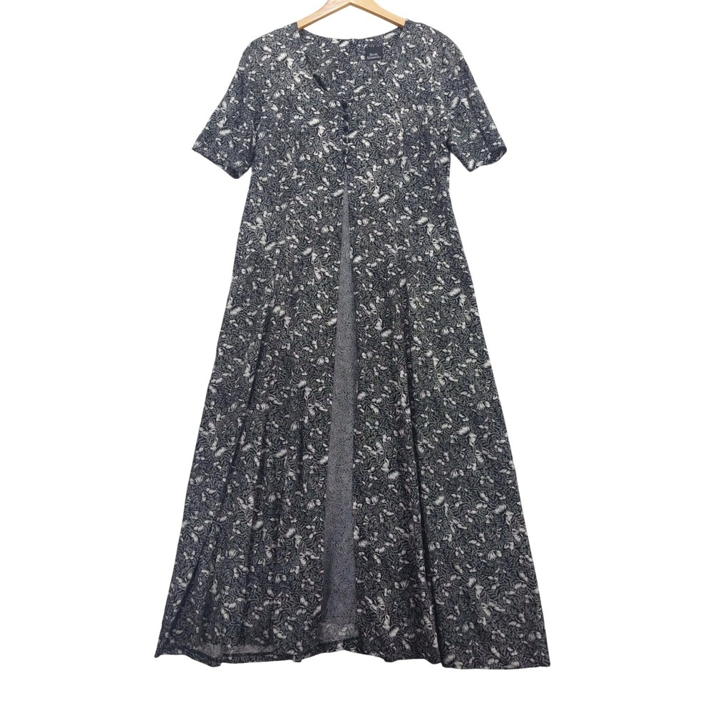 vtg 90s Brett Alixander Rayon Maxi Dress M/L Faux‎ Open Button Front Butterfly
